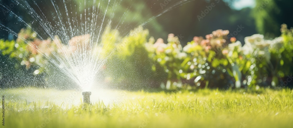 Poster water the lawn and trees during the sunshine in the garden with sprinkler the wide field background 