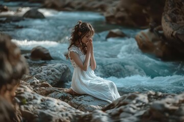 serene girl in flowing white dress praying by tranquil river spiritual concept