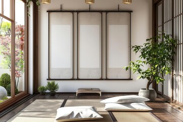 Fototapeta premium serene japanese living room with minimalist decor and blank poster frames interior design