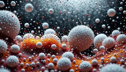 A surreal macro shot of a white blood cell, defending against bright, abstract invaders, with a dark, moody background.