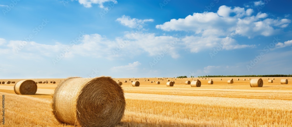 Aufkleber straw bales on field in summer. creative banner. copyspace image