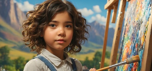 A young girl with curly hair paints a colorful color on canvas in front of a mountain landscape backdrop.