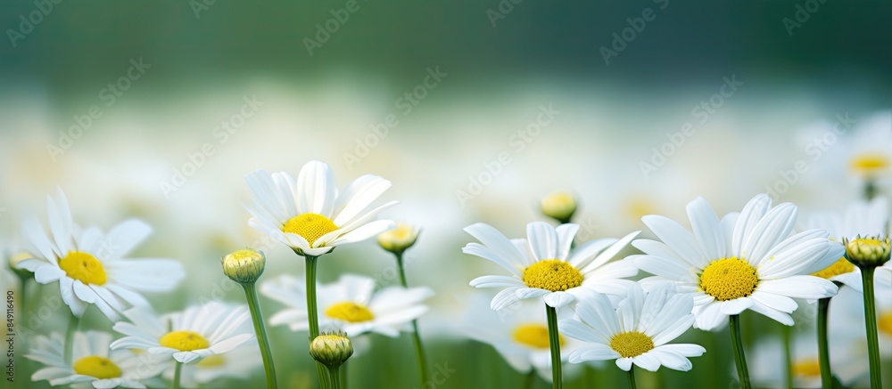 Poster white daisy in focus with several white daisies in the background of green grass. creative banner. c
