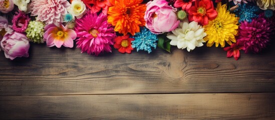 Composition of bright flowers on a wooden table. Creative banner. Copyspace image