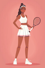 A 3D illustration of a tennis player girl, dressed in a tennis skirt and holding a racket, set against a pink background