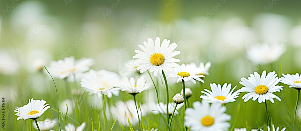 Poster white daisy in focus with several white daisies in the background of green grass. creative banner. c