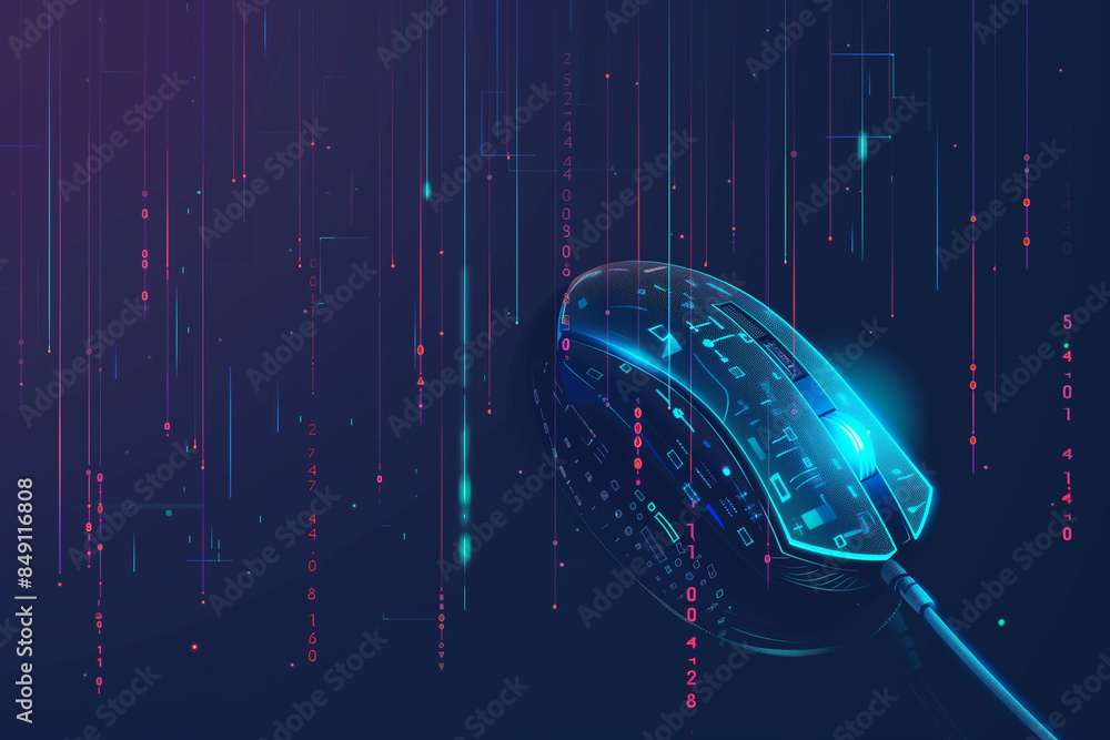 Poster Red And Blue Digital Mouse In Binary Code Background