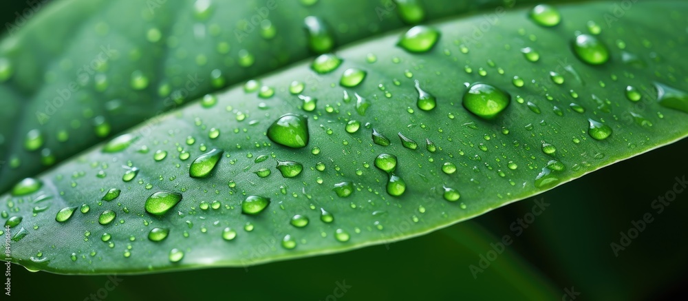 Poster fresh green leaf edge view with little drops. creative banner. copyspace image