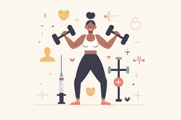 A 3D illustration of a woman surrounded by various medicines, pills, and medical items on a white background, emphasizing health and healthcare.