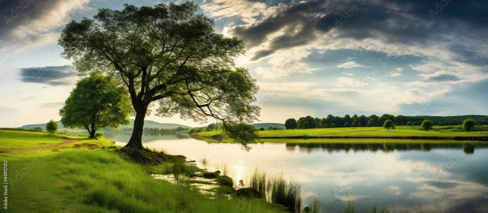 Aufkleber Abstract spring scene trees with small lake with dramatic sky. Creative banner. Copyspace image