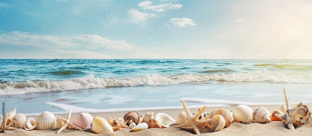 Poster shells on the sand. creative banner. copyspace image
