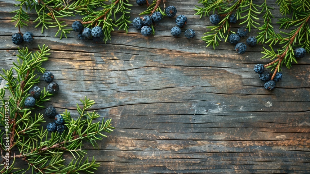 Poster juniper branches and seeds displayed on aged wooden surface from above with empty area for text