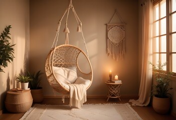interior design style- reading nook with a hanging rattan chair, cozy floor pouf, and a macrame wall hanging