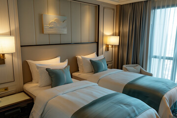 Modern Hotel Room With Twin Beds, Teal Accent Pillows, and Window Curtains