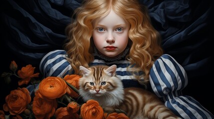 Charming portrait of a young girl lovingly embracing an adorable tiny kitten in her arms