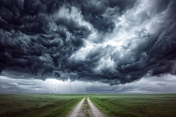 Dramatic storm clouds with lightning over rural landscape