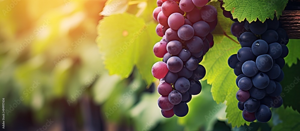 Poster colorful red fresh non toxic wine grapes vertical close up in vineyard sunlight bunches of ripe red 