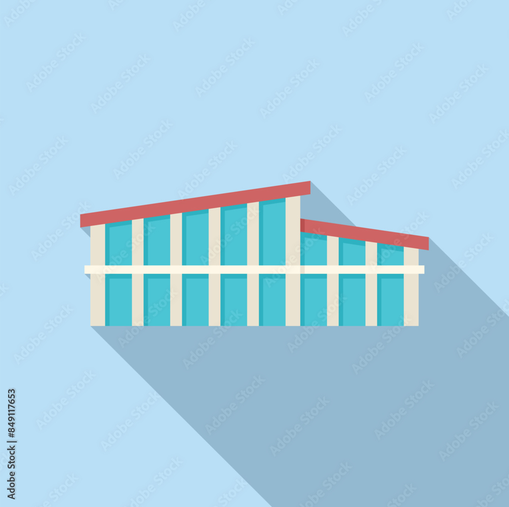 Poster modern minimalist building with large windows is casting a long shadow on a blue background