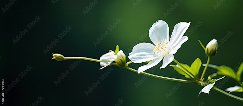 Poster white wildflower in focus with a dark green background that is out of focus. creative banner. copysp