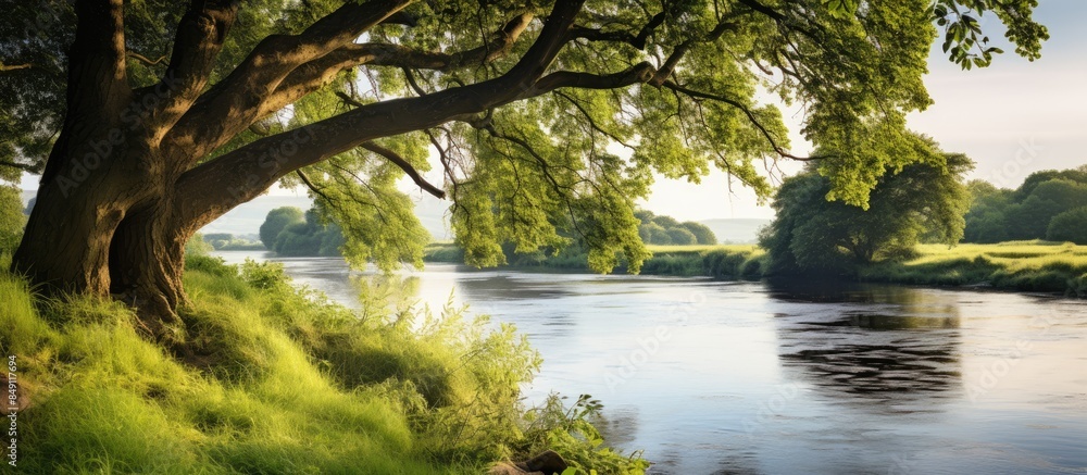 Poster A view of the limbs of a tree in the Nida river some trees bushes and grass on the banks. Creative banner. Copyspace image