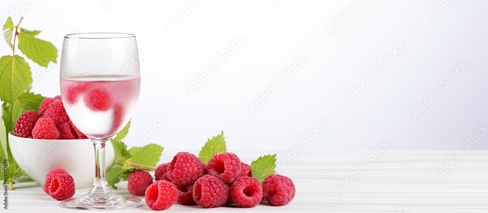 Poster white wine with frozen raspberries on a light background. creative banner. copyspace image