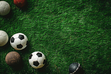 Various sports balls, including football, soccer, basketball, and others, scattered on green grass,...