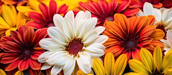 Fototapeta premium red orange yellow white Gazania macro flowers. Creative banner. Copyspace image
