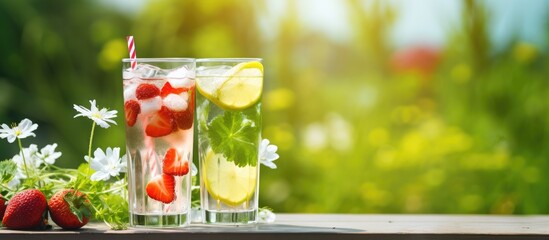 Two summer cocktails with white daisy flowers standing outdoors in the green grass Cold non alcoholic drinks with ice to go Mojito and strawberry lemonade with lime soda water and mint