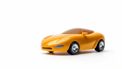 Minimalistic photo of a small, yellow toy car on a white background, highlighting a modern and sleek design, perfect for children's play.