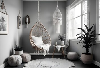 interior design style- reading nook with a hanging rattan chair, cozy floor pouf, and a macrame wall hanging