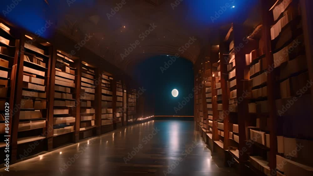 Poster library hallway with moonlit view generative ai