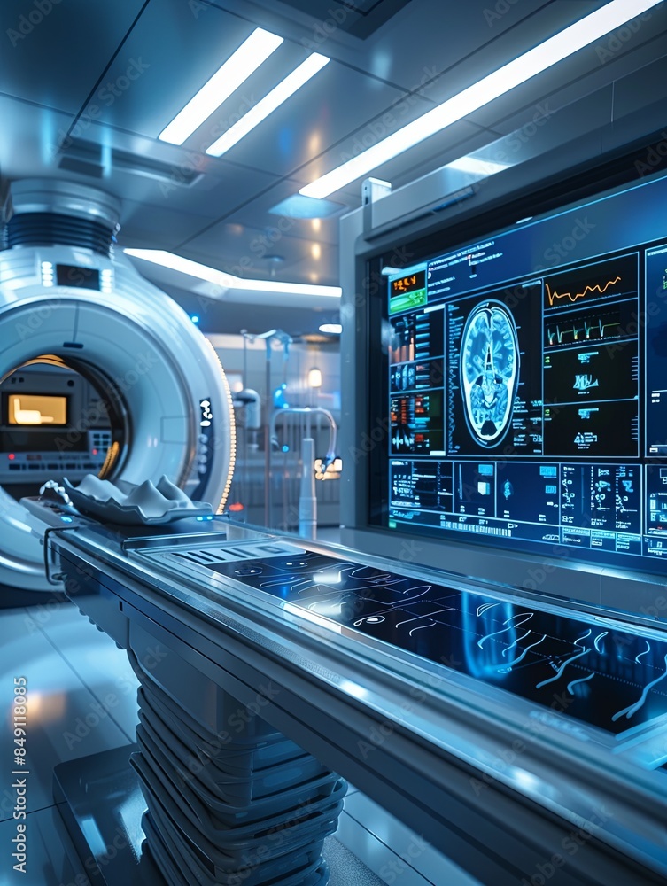Leinwandbilder A modern medical laboratory with a high-tech scanner analyzing patient data on a large screen. The lab is equipped with advanced medical equipment. Generative AI