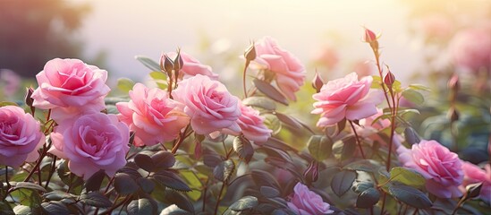 Fototapeta premium Beautiful gently pink rose blooms in the garden on a bush. Creative banner. Copyspace image