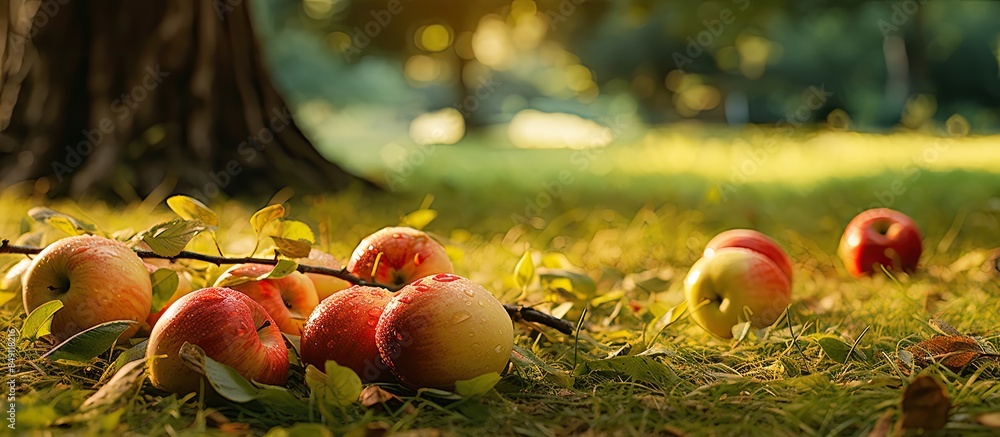Poster apples that have fallen from a tree are lying in the grass. creative banner. copyspace image