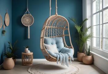 interior design style- reading nook with a hanging rattan chair, cozy floor pouf, and a macrame wall hanging