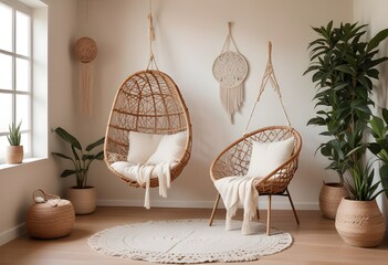 interior design style- reading nook with a hanging rattan chair, cozy floor pouf, and a macrame wall hanging