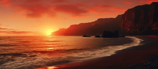 Fotobehang madeira island beach sunset dust red orange rock ocean water cliff sky golden. Creative banner. Copyspace image © HN Works