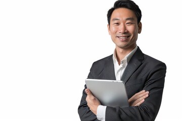 smiling asian businessman with tablet isolated on white background