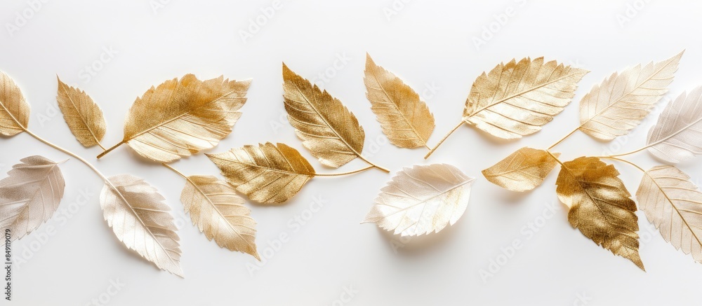 Poster pattern texture with gold leaves isolated on white background flat lay top view. creative banner. co
