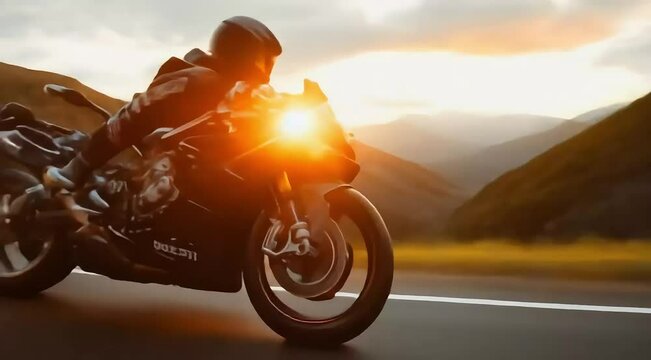 Motorcyclist Riding at Sunset on Mountain Road