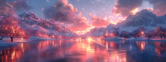 Fototapeta premium Enchanting Microgrid Powered Lakeside under Vibrant Aurora Skies