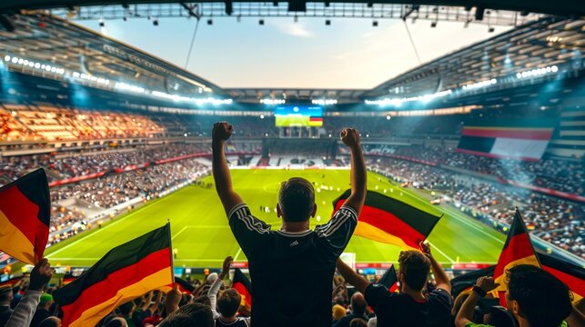 Excited football fan cheering in a packed stadium. Vibrant atmosphere with fans waving flags. Perfect for sports event promotions, advertisements, and social media. AI