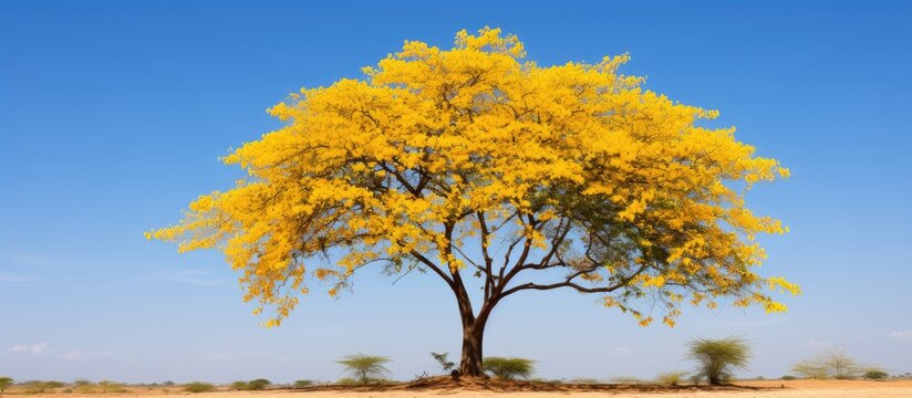 yellow flowers of Tipuana tipu tree. Creative banner. Copyspace image