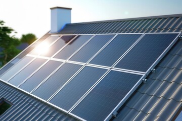 solar panels on beautiful white house roof sustainable energy for modern family villa evening exterior view 3d rendering