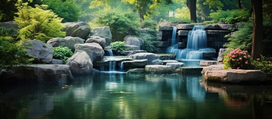 Naklejka premium Waterfall in the Park. Creative banner. Copyspace image