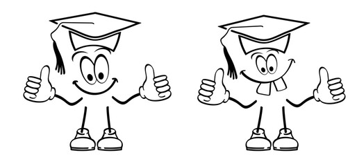 Cartoon mascot, stick figures man. Mortar Board or graduation cap icon. Diploma celebration, cellebrate sign. Student Part study college passed to pass. Degree education square academic. Mortarboard,