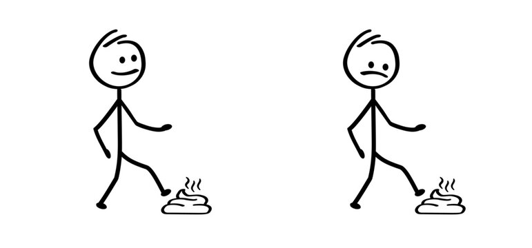 Stepping on shit. Foot stepping into dog poop or animal shit. Walk on a dogs turd. Cartoon shoes, shoe and poo logo. walking dogs and their turd. People step on poop. Steps on excrement with his foot.