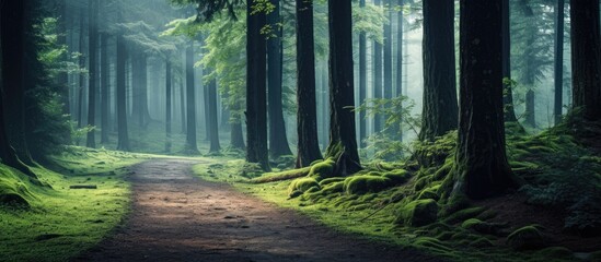 Fototapeta premium Ground road in the forest. Creative banner. Copyspace image