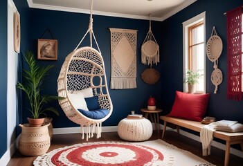 interior design style- reading nook with a hanging rattan chair, cozy floor pouf, and a macrame wall hanging