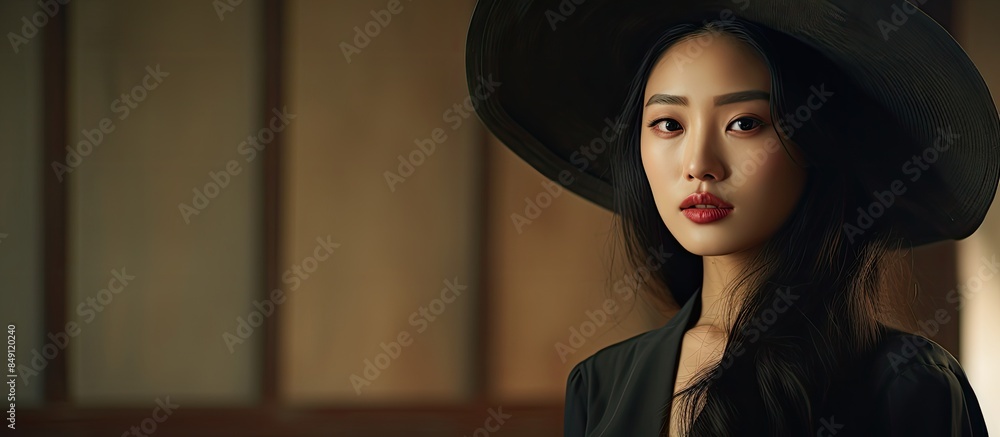 Wall mural head shot of asia woman with hat in room beauty concept vintage effect. creative banner. copyspace i